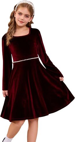 Girls Velvet Dress Long Sleeve Square Neckline Pearls Waist A-line Holiday Party Christmas Princess Dress in Saudi Arabia