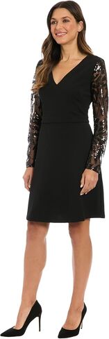London Times Women's Elegant V-Neck Cocktail Knee Length A-line with Sequin Lace Sleeves-Versatile Wedding Guest Dresses in Saudi Arabia