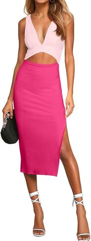 فساتين MISSJOY النسائية بدون أكمام وفتحة رقبة على شكل V عميقة وفتحة جانبية مضلعة للحفلات والنوادي متوسطة الطول in Kuwait