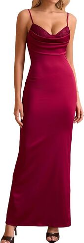 EYNMIN Women's Satin Spaghetti Strap Maxi Dress Lace Cowl Neck Backless Bodycon Long Cocktail Wedding Guest Dresses in Saudi Arabia