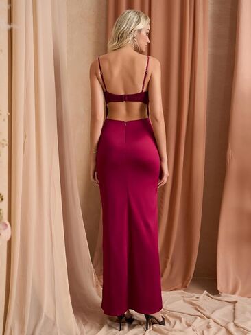 EYNMIN Women's Satin Spaghetti Strap Maxi Dress Lace Cowl Neck Backless Bodycon Long Cocktail Wedding Guest Dresses in Saudi Arabia