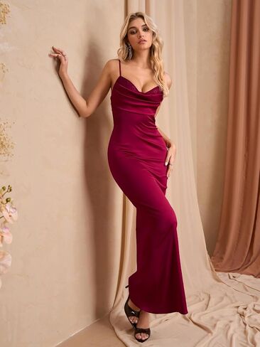 EYNMIN Women's Satin Spaghetti Strap Maxi Dress Lace Cowl Neck Backless Bodycon Long Cocktail Wedding Guest Dresses in Saudi Arabia
