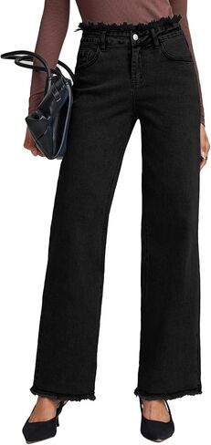 Astylish Womens High Waisted Raw Hem Jeans Stretchy Wide Leg Frayed Straight Denim Pants in Saudi Arabia