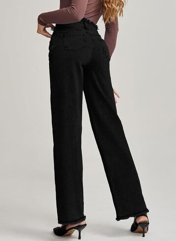Astylish Womens High Waisted Raw Hem Jeans Stretchy Wide Leg Frayed Straight Denim Pants in Saudi Arabia