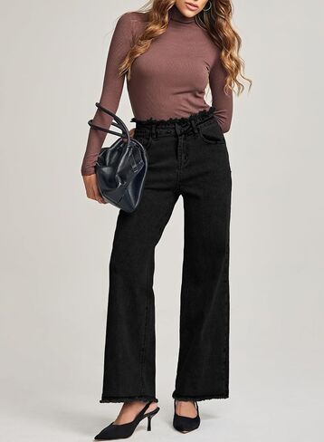 Astylish Womens High Waisted Raw Hem Jeans Stretchy Wide Leg Frayed Straight Denim Pants in Saudi Arabia