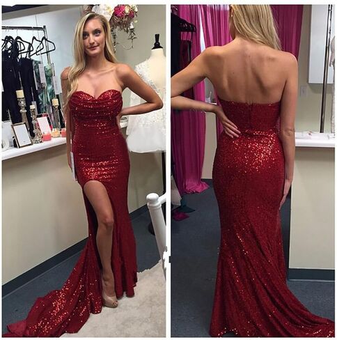 Women's Mermaid Evening Dress With Slit Sequins Prom Gown in Saudi Arabia