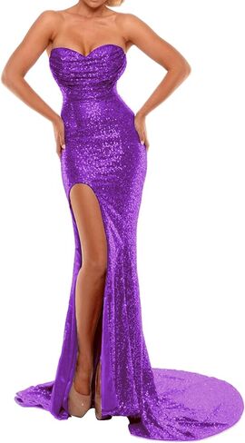 Women's Mermaid Evening Dress With Slit Sequins Prom Gown in Kuwait