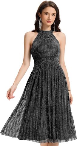Ever-Pretty Women's Summer Halter Sleeveless Pletaed Midi Glitter Formal Evening Gowns 41962 in Saudi Arabia