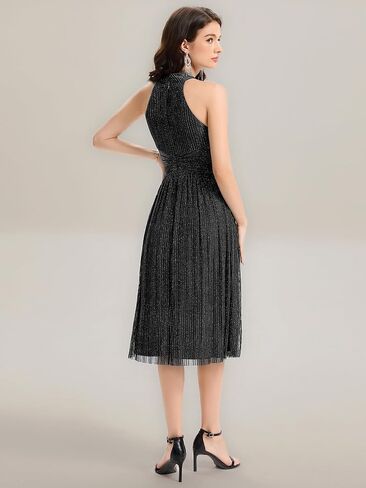 Ever-Pretty Women's Summer Halter Sleeveless Pletaed Midi Glitter Formal Evening Gowns 41962 in Saudi Arabia