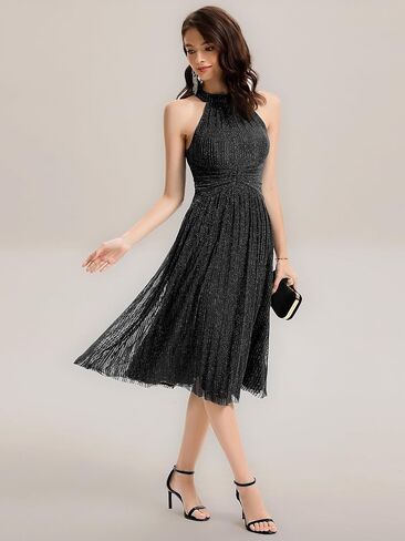 Ever-Pretty Women's Summer Halter Sleeveless Pletaed Midi Glitter Formal Evening Gowns 41962 in Saudi Arabia