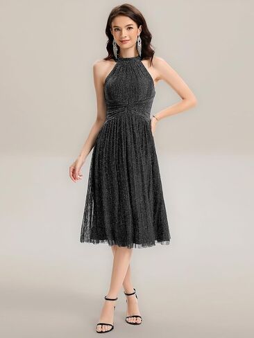 Ever-Pretty Women's Summer Halter Sleeveless Pletaed Midi Glitter Formal Evening Gowns 41962 in Saudi Arabia