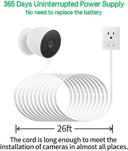 JJMASEE 26FT 2 حزمة محول الطاقة وكابل لكاميرا Google Nest (البطارية) في الهواء الطلق أو في الداخل، سلك طاقة شحن مقاوم للطقس وشاحن لكاميرا Nest (البطارية) in Kuwait
