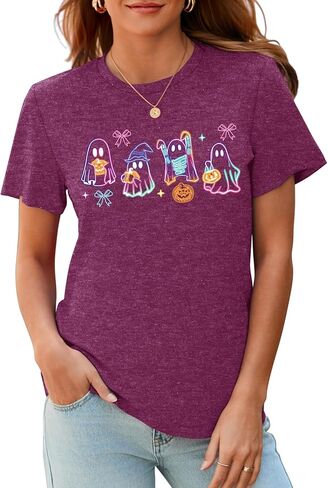 Halloween Spooky Season Cute Ghost T Shirt for Women Crewneck Fall Pumpkin Colorful Graphic Tee Tops in Saudi Arabia