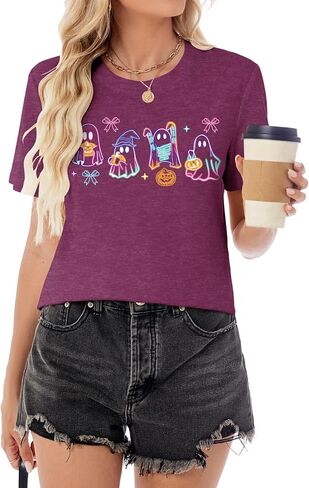 Halloween Spooky Season Cute Ghost T Shirt for Women Crewneck Fall Pumpkin Colorful Graphic Tee Tops in Saudi Arabia