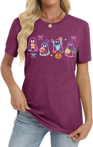 Halloween Spooky Season Cute Ghost T Shirt for Women Crewneck Fall Pumpkin Colorful Graphic Tee Tops in Saudi Arabia