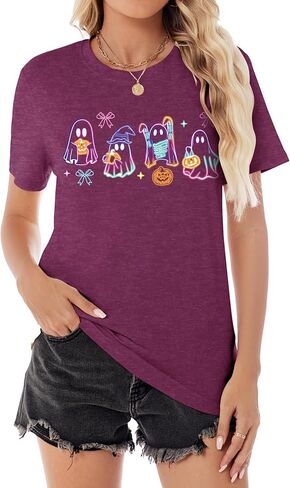 Halloween Spooky Season Cute Ghost T Shirt for Women Crewneck Fall Pumpkin Colorful Graphic Tee Tops in Saudi Arabia