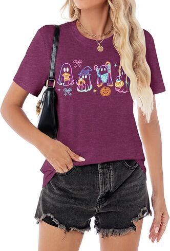 Halloween Spooky Season Cute Ghost T Shirt for Women Crewneck Fall Pumpkin Colorful Graphic Tee Tops in Saudi Arabia