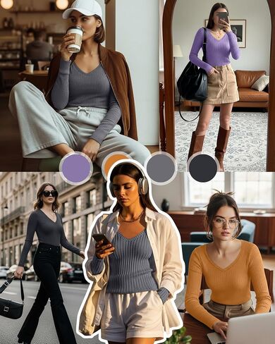 4 قطع من القمصان النسائية بأكمام طويلة، 95% قطن، رقبة على شكل حرف V، قمصان متماسكة مضلعة وخفيفة الوزن أساسية للخروج in Saudi Arabia