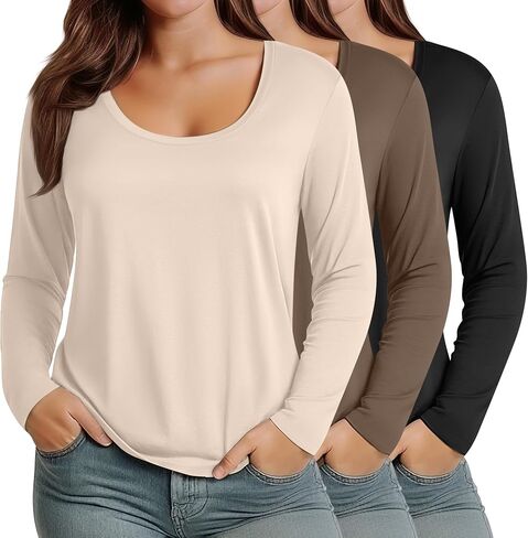 3 Pack Women's Plus Size Scoop Neck Long Sleeve Shirts, U Neck Loose Layer Tops Casual Soft Solid Basic Tees Blouses in Saudi Arabia