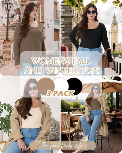 3 Pack Women's Plus Size Scoop Neck Long Sleeve Shirts, U Neck Loose Layer Tops Casual Soft Solid Basic Tees Blouses in Saudi Arabia