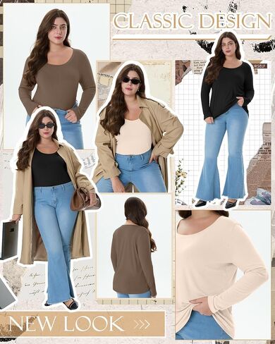 3 Pack Women's Plus Size Scoop Neck Long Sleeve Shirts, U Neck Loose Layer Tops Casual Soft Solid Basic Tees Blouses in Saudi Arabia