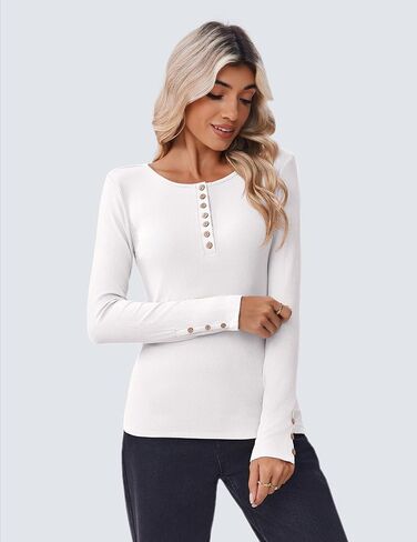 Zeagoo المرأة مضلع كم طويل تي شيرت عادية طاقم الرقبة سليم صالح قميص لينة تمتد طبقة أساسية خفيفة الوزن القمم XS-XXL in Kuwait