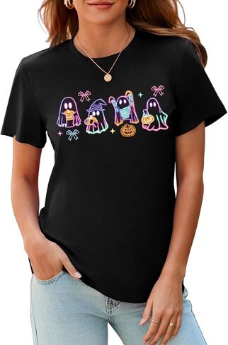 تي شيرت شبح لطيف لموسم الهالوين المخيف للنساء بياقة دائرية وخريف يقطين ملون برسومات تي شيرت in Kuwait