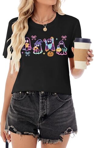 تي شيرت شبح لطيف لموسم الهالوين المخيف للنساء بياقة دائرية وخريف يقطين ملون برسومات تي شيرت in Kuwait