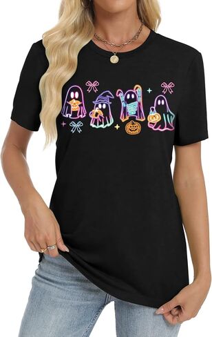 تي شيرت شبح لطيف لموسم الهالوين المخيف للنساء بياقة دائرية وخريف يقطين ملون برسومات تي شيرت in Kuwait