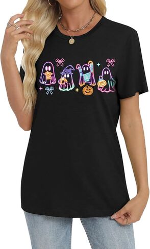 تي شيرت شبح لطيف لموسم الهالوين المخيف للنساء بياقة دائرية وخريف يقطين ملون برسومات تي شيرت in Kuwait