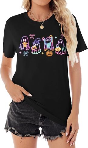 تي شيرت شبح لطيف لموسم الهالوين المخيف للنساء بياقة دائرية وخريف يقطين ملون برسومات تي شيرت in Kuwait