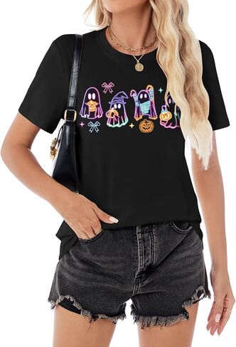 تي شيرت شبح لطيف لموسم الهالوين المخيف للنساء بياقة دائرية وخريف يقطين ملون برسومات تي شيرت in Kuwait