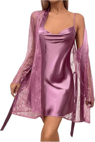 OYOANGLE Women's 2 Piece Satin Pajama Cowl Neck Slip Dress and Lace Belted Robe Set Sleepwear in Saudi Arabia