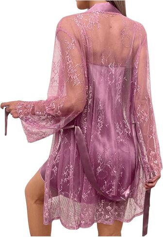 OYOANGLE Women's 2 Piece Satin Pajama Cowl Neck Slip Dress and Lace Belted Robe Set Sleepwear in Saudi Arabia