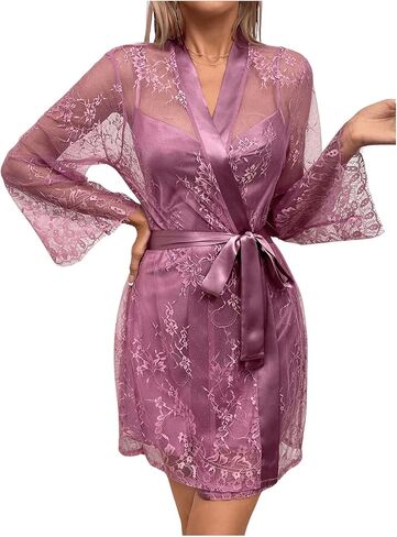 OYOANGLE Women's 2 Piece Satin Pajama Cowl Neck Slip Dress and Lace Belted Robe Set Sleepwear in Saudi Arabia