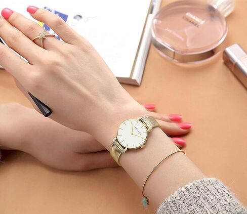 ساعات ذهبية للنساء ساعة كوارتز مستديرة أنيقة الحد الأدنى مقاوم للماء سوار السيدات ساعة معصم، سوار من الفولاذ المقاوم للصدأ، Reloj Mujer in Kuwait