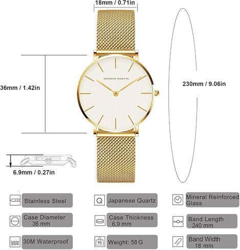 ساعات ذهبية للنساء ساعة كوارتز مستديرة أنيقة الحد الأدنى مقاوم للماء سوار السيدات ساعة معصم، سوار من الفولاذ المقاوم للصدأ، Reloj Mujer in Kuwait