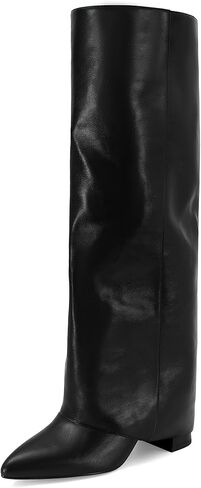 Dsevht Black Leather Knee High Boots for Women Fold Over Chunky High Heel Pull on Pointed Toe Tall Long Dress Going Out Boot for Women in Saudi Arabia