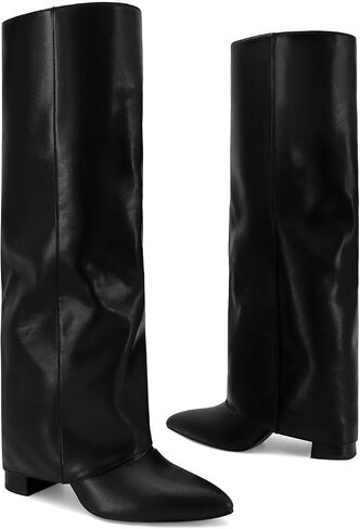 Dsevht Black Leather Knee High Boots for Women Fold Over Chunky High Heel Pull on Pointed Toe Tall Long Dress Going Out Boot for Women in Saudi Arabia