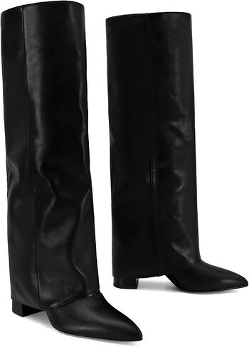 Dsevht Black Leather Knee High Boots for Women Fold Over Chunky High Heel Pull on Pointed Toe Tall Long Dress Going Out Boot for Women in Saudi Arabia