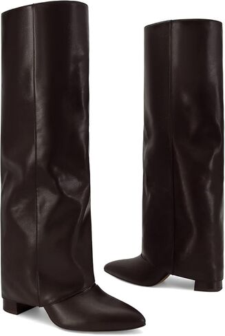 Dsevht أحذية طويلة للركبة من الجلد الأسود للنساء قابلة للطي بكعب عالٍ مكتنز وسحب على مقدمة مدببة فستان طويل طويل للخروج للنساء in Kuwait