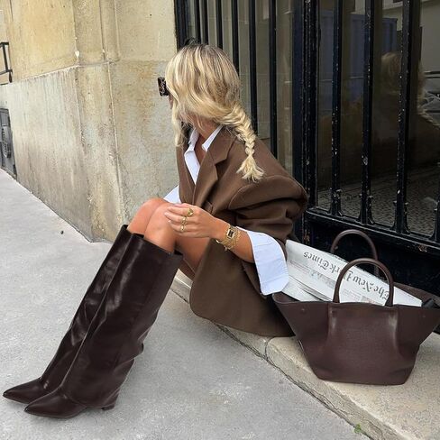 Dsevht أحذية طويلة للركبة من الجلد الأسود للنساء قابلة للطي بكعب عالٍ مكتنز وسحب على مقدمة مدببة فستان طويل طويل للخروج للنساء in Kuwait