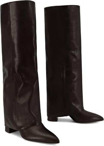 Dsevht أحذية طويلة للركبة من الجلد الأسود للنساء قابلة للطي بكعب عالٍ مكتنز وسحب على مقدمة مدببة فستان طويل طويل للخروج للنساء in Kuwait