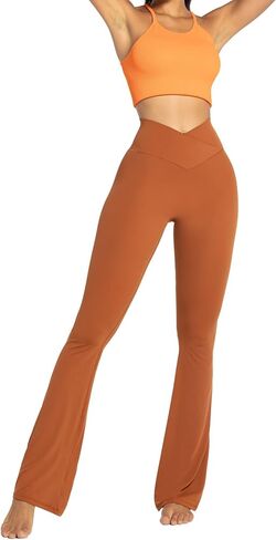 Sunzel Flare Leggings، سراويل يوجا متقاطعة مع تحكم في البطن، خصر عالٍ وساق واسعة، بدون درزات أمامية Caramel Cafe كبير 34 بوصة درزة داخلية in Saudi Arabia