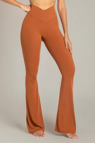 Sunzel Flare Leggings، سراويل يوجا متقاطعة مع تحكم في البطن، خصر عالٍ وساق واسعة، بدون درزات أمامية Caramel Cafe كبير 34 بوصة درزة داخلية in Saudi Arabia