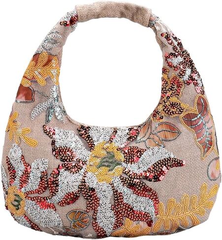 QWINEE Women's Floral Embroidered Crescent Clutch Handbag Sequin Y2k Zipper Top Handle Evening Bag for Wedding Party in Saudi Arabia