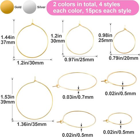 120pcs Hypoallergenic Earring Beading Hoops, 20mm 25mm 30mm 35mm Round Hoop Earrings Findings, Open Earring Wire Ring Accessories for Jewelry Making- Gold in Saudi Arabia