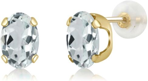 Gem Stone King 14K Yellow Gold Sky Blue Aquamarine Women Stud Earrings 1.44 Cttw Oval 7X5MM in Saudi Arabia