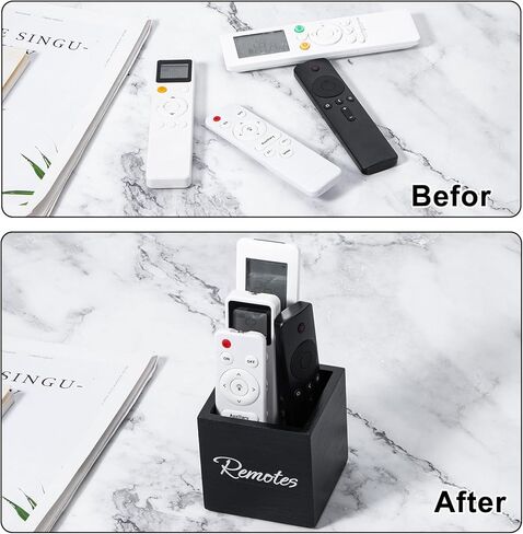 Yeeco Wooden TV Remote Holder, Remote Control Holder for Table, Wood Media Remote Controller Caddy Organizer Storage Case for Living Room Nightstand Desktop 2 Compartments Black 6.5"x3.7"x5.5" in Kuwait