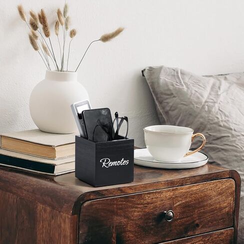 Yeeco Wooden TV Remote Holder, Remote Control Holder for Table, Wood Media Remote Controller Caddy Organizer Storage Case for Living Room Nightstand Desktop 2 Compartments Black 6.5"x3.7"x5.5" in Kuwait